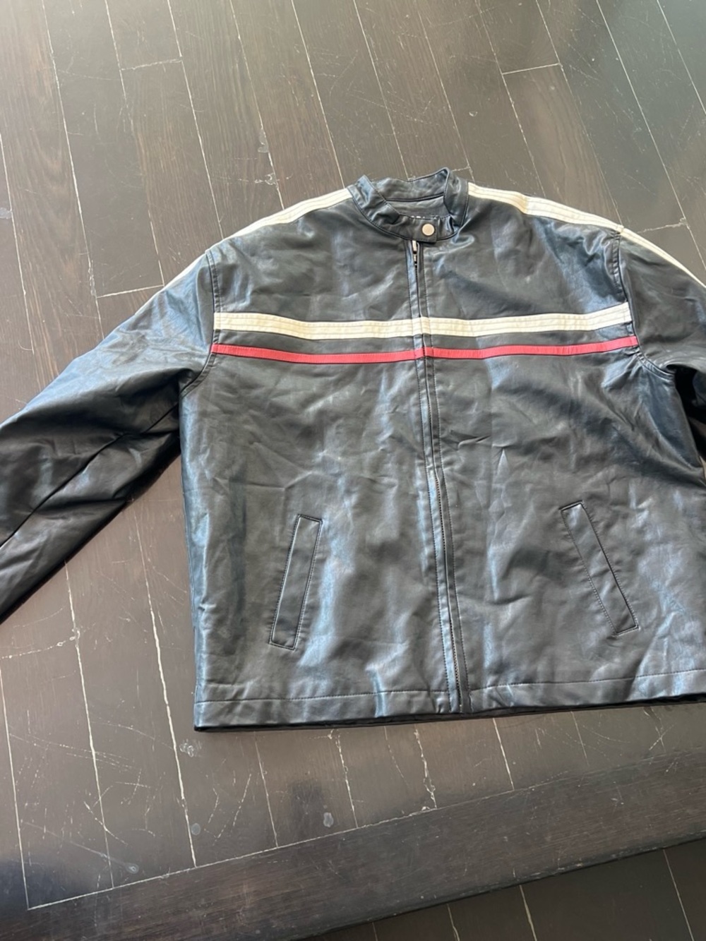 Motel Rocks Black Leather Jacket with White and Red Chest Stripes